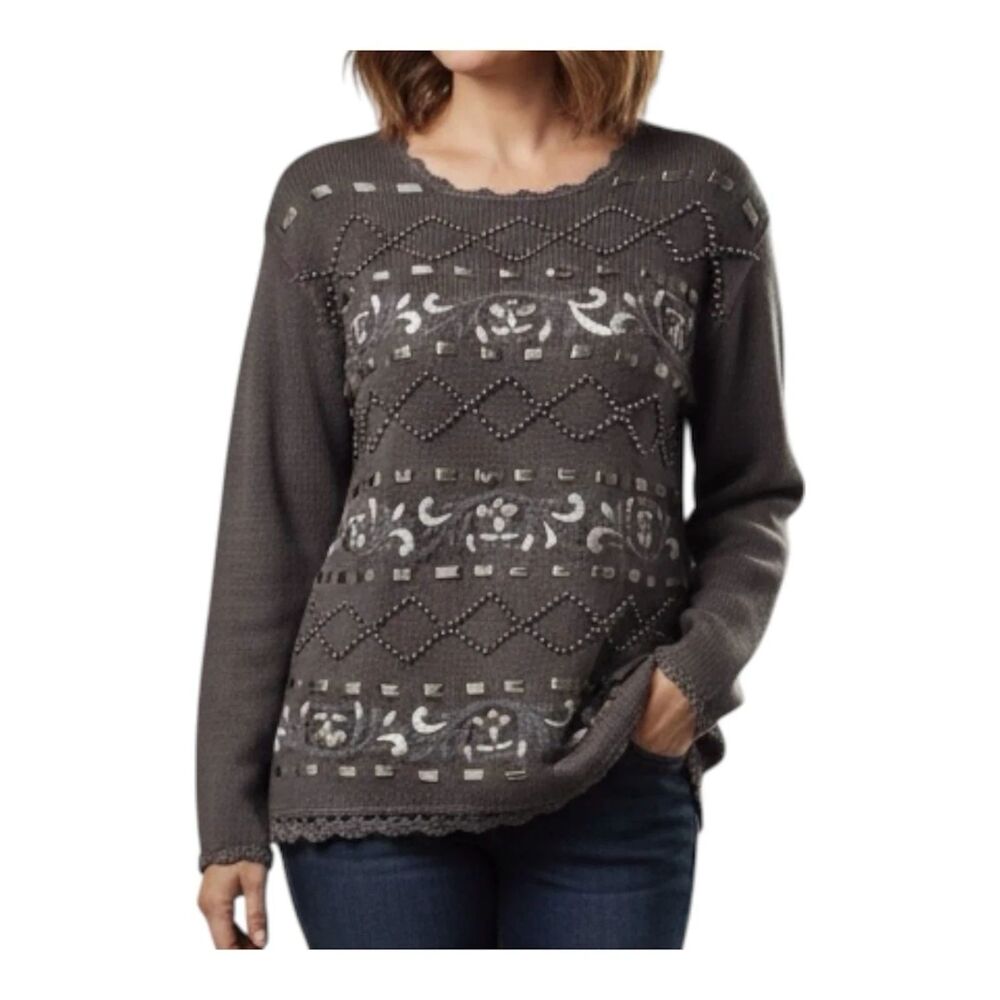 All Points by Reference Points Sweater M Beaded Embroidered Ribbon granny vtg